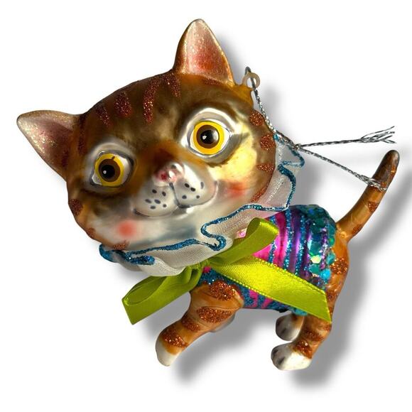 RAZ Imports Orange Tabby Cat Blown Glass Christmas Ornament Anthropomorphic 4” - Picture 15 of 16